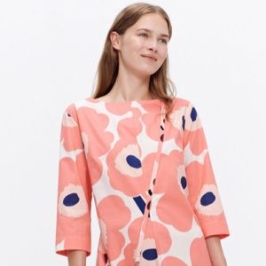 Marimekko Vartto Unikko Poplin Shirt Peach Rose Blue Size 34 US XS